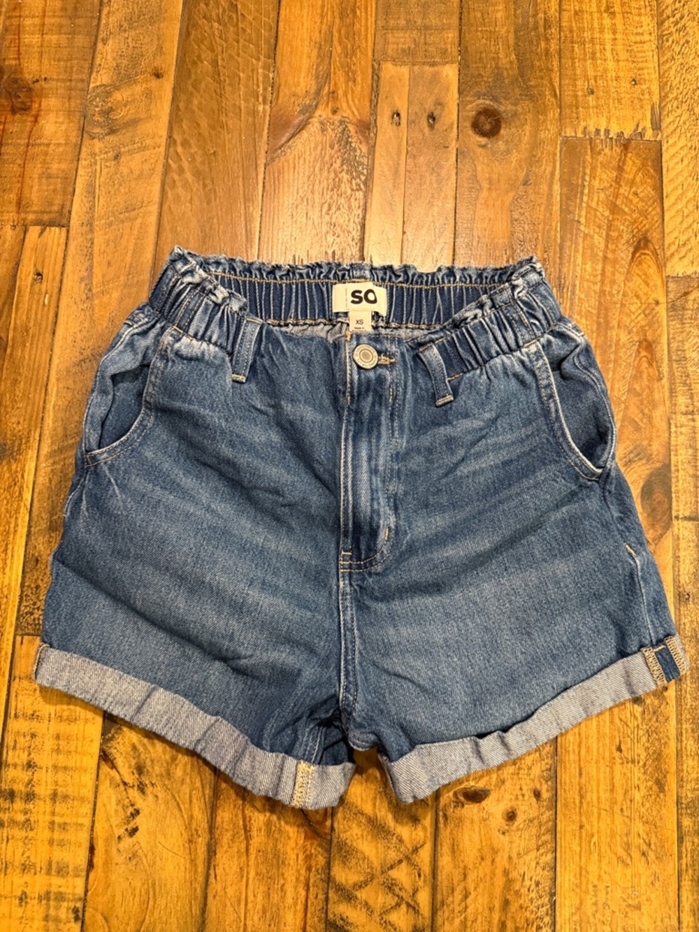 SO Blue Paperbag Waist Rolled Denim Shorts